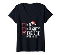 Donna Bella Naughty The Cat Made Me Do It Lista di Natale Maglietta con Collo a V