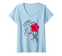 Donna Bella Ragazza Viso Esotico Ibisco Bianco Nero Forme Mania Maglietta con Collo a V