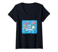 Donna Bella stagione di fioritura con questo discorso di primavera Feel the Maglietta con Collo a V