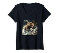 Donna Bella Stagione di Pesca con Questa Fantastica Grafica a Forma di Orso Maglietta con Collo a V