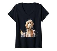 Donna Bellissimo Acquerello Dorato Doodle Ritratto Maglietta con Collo a V