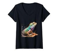 Donna Bellissimo Ritratto di Iguana ad Acquerello Maglietta con Collo a V