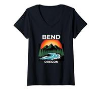 Donna Bend Oregon Montagna Fiume Tramonto Maglietta con Collo a V