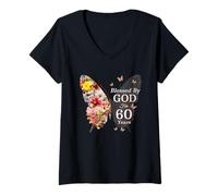 Donna Benedetto da Dio per 60 Anni Butterfly Flower 60° Compleanno Maglietta con Collo a V