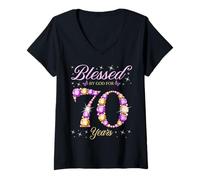 Donna Benedetto da Dio per 70 anni 70 ° compleanno B-Day Party Maglietta con Collo a V
