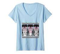 Donna Bengala Cat Trio Coquette Bow Bubblegum Retro Maglietta con Collo a V
