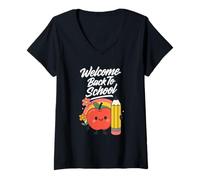 Donna Bentornato a Scuola Apprezzamento per Insegnanti di Apple e Pencil Maglietta con Collo a V