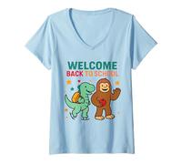 Donna Bentornato a scuola Felice Bigfoot Cute Dinosaur 3 Rex Maglietta con Collo a V