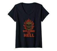 Donna Benvenuti a Hello Skull Flames Maglietta con Collo a V