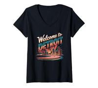 Donna benvenuto, a, detroit, orizzonte, retro, città Maglietta con Collo a V