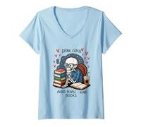 Donna Bere Caffè Evitare Persone Leggere Libri Sch Maglietta con Collo a V