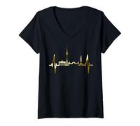 Donna Berlino Skyline Heartbeat Fan Souvenir Amo Berlino Maglietta con Collo a V