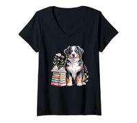 Donna Bernese Mountain Dog Berner Bookworm Flowers Book Reading Maglietta con Collo a V