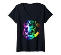 Donna Bernese Mountain Dog DJ Cuffie Retro Musica Dog Lover Maglietta con Collo a V