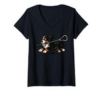 Donna Bernese Mountain Dog Giocatore Lacrosse Lax Amante dei cani Maglietta con Collo a V