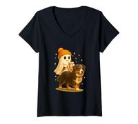 Donna Bernese Mountain Halloween Ghost Walking Bernese Dog Maglietta con Collo a V