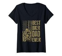 Donna Best Biker Dad Ever Motocrycle American Flag for Daddy Maglietta con Collo a V