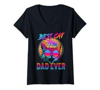 Donna Best Cat Dad Ever Vintage 80s Funny Fathers Day Cat Lover Maglietta con Collo a V
