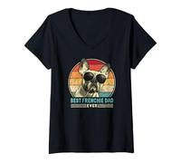 Donna Best Frenchie Dad Ever Retro Vintage 60s 70s Tramonto Maglietta con Collo a V