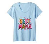 Donna Best Mama Leopard Cheetah Print Hearts Fun Maglietta con Collo a V