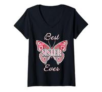 Donna Best Sister Ever Butterfly Design Cute Colorful Family Love Maglietta con Collo a V