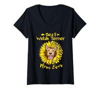 Donna Best Welsh Terrier Dog Mom Ever Sunflower Funny Paw Lover Maglietta con Collo a V