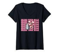 Donna Bevi Il Tuo Latte Allevatore di Latte Mucca Latteria Ragazza Mamma Maglietta con Collo a V