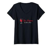 Donna Bevitori di Vino Divertenti Sip Happens It's Ok to Wine Maglietta con Collo a V