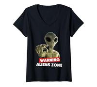 Donna Beware of Aliens Warning Area 51 Illustration Graphic Maglietta con Collo a V