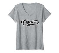 Donna Bianco Vintage Chicago Baseball Maglietta con Collo a V