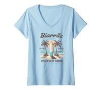 Donna Biarritz Francia La Costa Basca Surfer Lifestyle Maglietta con Collo a V