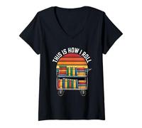 Donna Bibliotecario Library Cart Book Lover Maglietta con Collo a V
