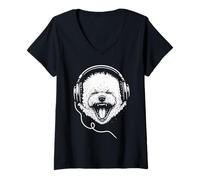 Donna Bichon Frise Con Cuffie DJ Musica Amante dei Cani Maglietta con Collo a V