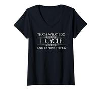 Donna Bicicletta da ciclista, con scritta "I Cycle and I know things" (lingua italiana non garantita) Maglietta con Collo a V