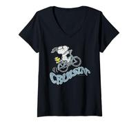 Donna Bicicletta da Crociera sulla Spiaggia dei Peanuts Snoopy Woodstock degli Anni '90 a Fumetti Maglietta con Collo a V