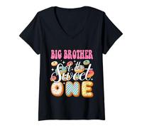 Donna Big Brother of The Sweet One 1 ° Compleanno Ciambella Festa Famiglia Maglietta con Collo a V