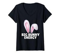 Donna Big Bunny Energy - Orecchie da Coniglio Pasquale Maglietta con Collo a V