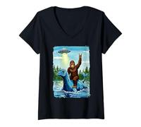 Donna Big Foot Riding Loch Ness Monster, Nessie with UFO Maglietta con Collo a V