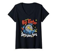 Donna Big Sister of the Birthday Boy Space Matching Family Maglietta con Collo a V