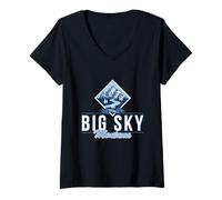 Donna Big Sky Montana Retro Mountain River Vintage Sci Escursionismo Maglietta con Collo a V