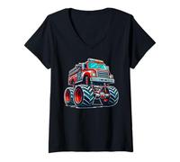 Donna Big Wheels Fire Truck Firefighter Kids Boys Monster Truck Maglietta con Collo a V