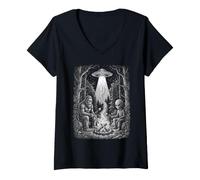 Donna Bigfoot Alien Campfire UFO Foresta Paranormale Art Design Maglietta con Collo a V