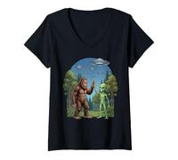 Donna Bigfoot Alien High Five UFO Sci Fi Grafica Maglietta con Collo a V