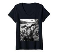 Donna Bigfoot Alien Loch Ness Mostro UFO Criptidi Selfie Maglietta con Collo a V