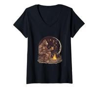 Donna Bigfoot Camping Avventura sotto la luna stelle notte Maglietta con Collo a V