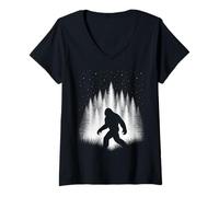 Donna Bigfoot Che Cammina nella Foresta Bianca sotto Le Stelle della Sera Maglietta con Collo a V