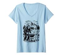 Donna Bigfoot e Alien BBQ UFO Grilling Picnic Maglietta con Collo a V