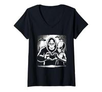 Donna Bigfoot E Alien Love Hand Sign Sasquatch UFO Paranormal Maglietta con Collo a V