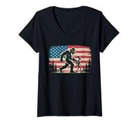Donna Bigfoot e alieno mano mano bandiera americana sfondo Maglietta con Collo a V