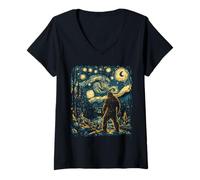 Donna Bigfoot nella notte della foresta stellata ispirato a Van Gogh Art Maglietta con Collo a V